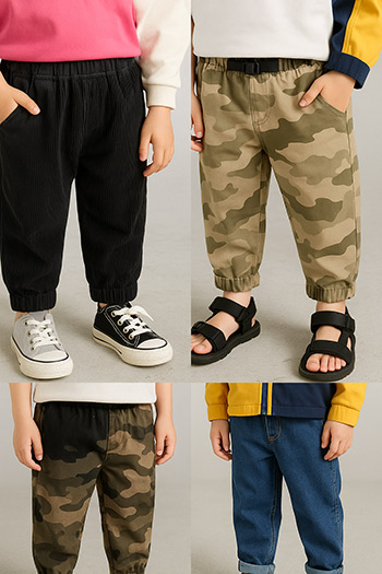 children's pants, black joggers, camouflage pants, denim jeans, sneakers, sandals, casual wear, versatile styles, clothing customization
