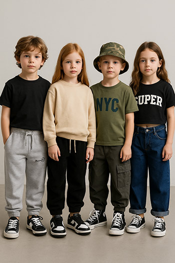 children's fashion, casual wear, graphic tees, joggers, denim jeans, sneakers, bucket hat, street style, clothing customization