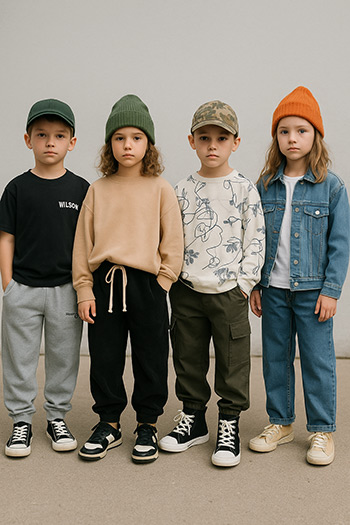 children's clothing, casual wear, graphic tees, sweatshirts, joggers, denim jacket, sneakers, beanies, caps, clothing customization